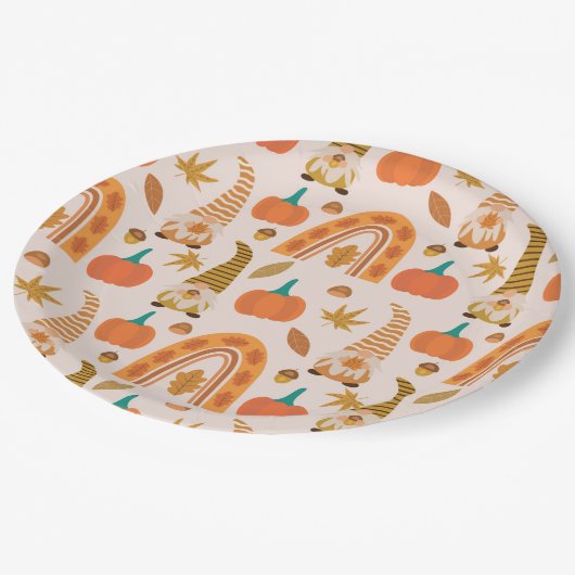 Thanksgiving kabouters met regenboog en herfstblad papieren bordje (Gekanteld)