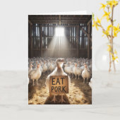 Thanksgiving kalkoen met "eet varkensvlees" teken kaart (Gele Bloem)