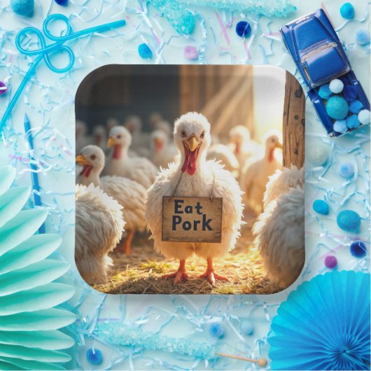 Thanksgiving kalkoen met "eet varkensvlees" teken papieren bordje (Feest)