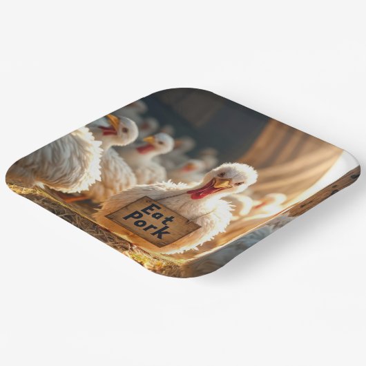 Thanksgiving kalkoen met "eet varkensvlees" teken papieren bordje (Gebogen)