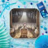 Thanksgiving kalkoen met "eet varkensvlees" teken papieren bordje (Feest)