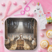 Thanksgiving kalkoen met "eet varkensvlees" teken papieren bordje (Feest)