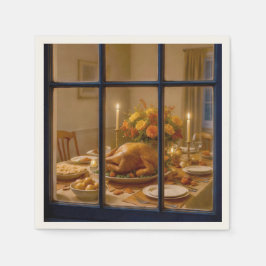 Thanksgiving-kalkoenfeest in raam servet