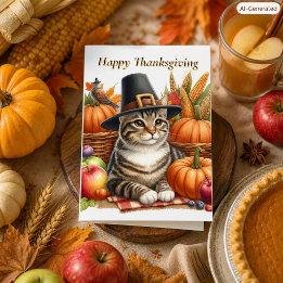 Thanksgiving Kat met Pompoenen Familie Vakantie Feestdagen Kaart
