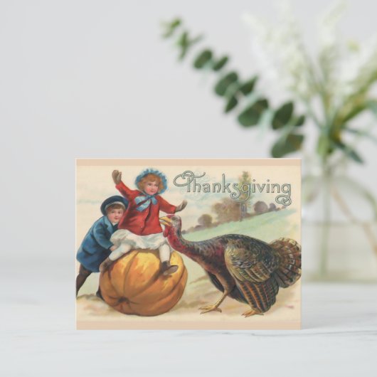  Thanksgiving Kinderen met pompoen, Turkije Briefkaart (Staand voorkant)