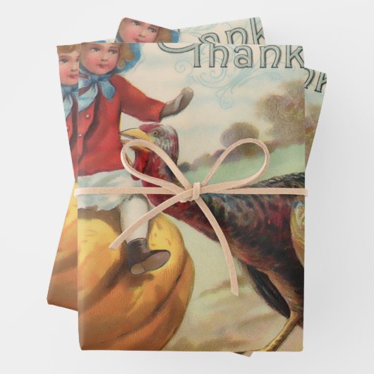  Thanksgiving Kinderen met pompoen, Turkije Inpakpapier Vel (In situ)