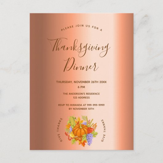 Thanksgiving - koperuitnodiging voor het diner briefkaart (Voorkant)
