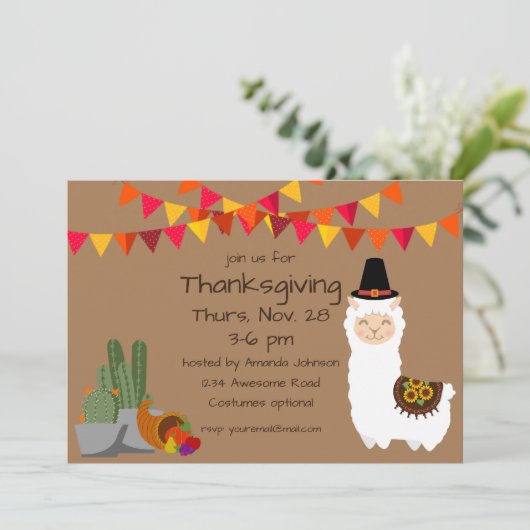 Thanksgiving Llama Party Uitnodiging (Staand voorkant)