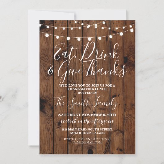 Thanksgiving Lunch Hout Rustieke Lichten Uitnodigi Kaart (Voorkant)