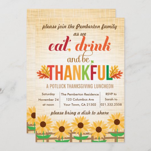 Thanksgiving Lunch Potluck eet Drink geeft Bedankt Kaart (Voorkant / Achterkant)