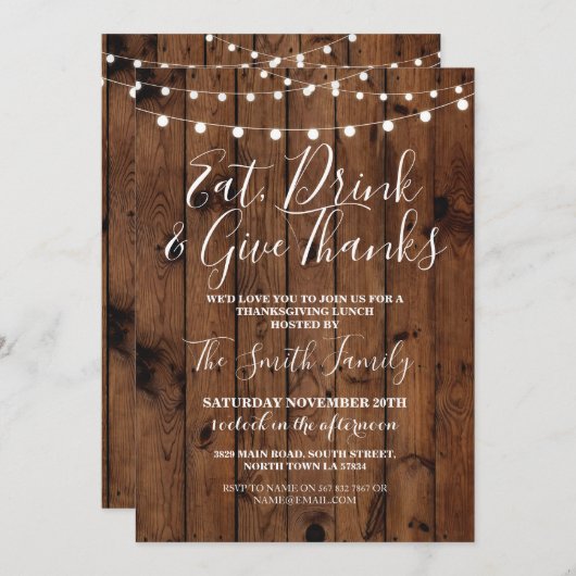 Thanksgiving Lunch Wood Rustic Lichten uitnodigen Kaart (Voorkant / Achterkant)
