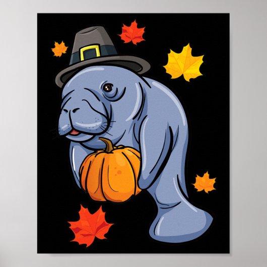 Thanksgiving Manatee Pilgrim Herfst Pumpkin Dugong Poster (Voorkant)