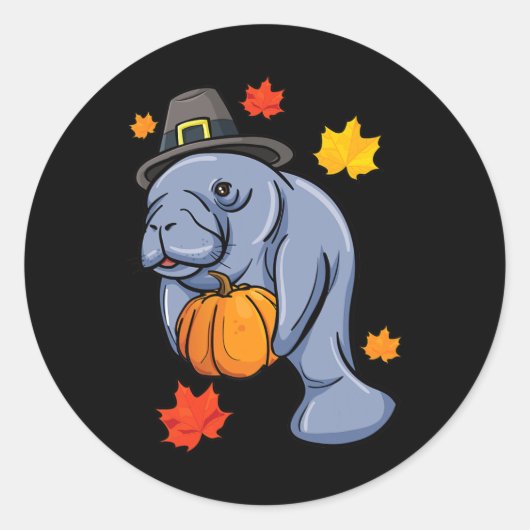 Thanksgiving Manatee Pilgrim Herfst Pumpkin Dugong Ronde Sticker (Voorkant)