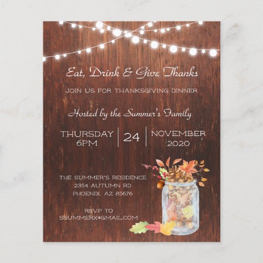 Thanksgiving Mason Jar Lights Wood Rustic Invitati Flyer (Voorkant)