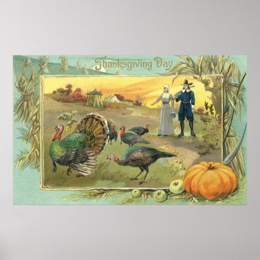  Thanksgiving met pelgrims en kalkoenen Poster (Voorkant)