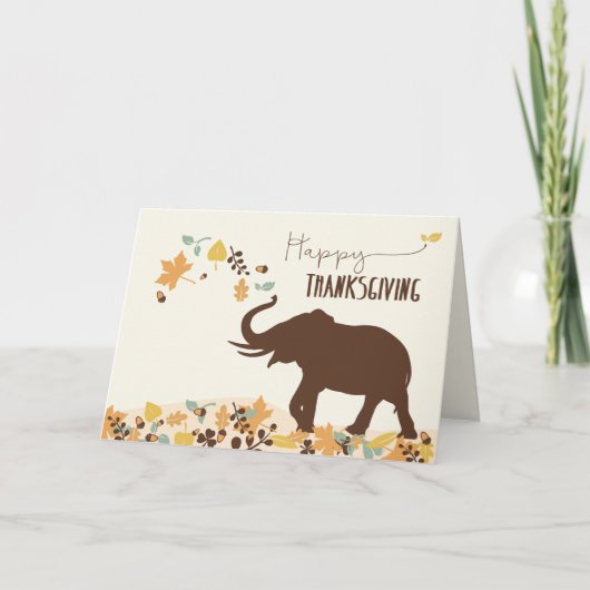 Thanksgiving met vreugdevolle olifant en bladeren feestdagen kaart (Voorkant)