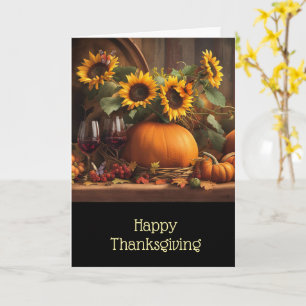 Thanksgiving met wijn zonnebloemen pompoenen kaart