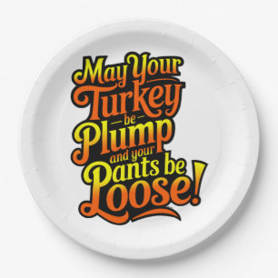Thanksgiving, mollige kalkoen, losse broek, papieren bordje