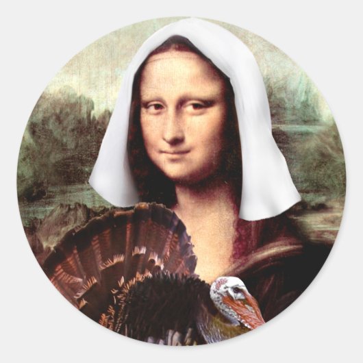 Thanksgiving Mona Lisa Pilgrim with Turkey Ronde Sticker (Voorkant)