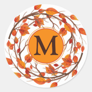Thanksgiving najaar Herfst Foliage Wreatmonogram Ronde Sticker