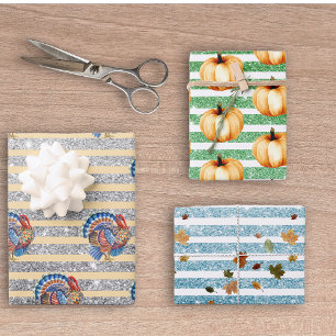 Thanksgiving najaar pomkin Glitter Stripes Inpakpapier Vel