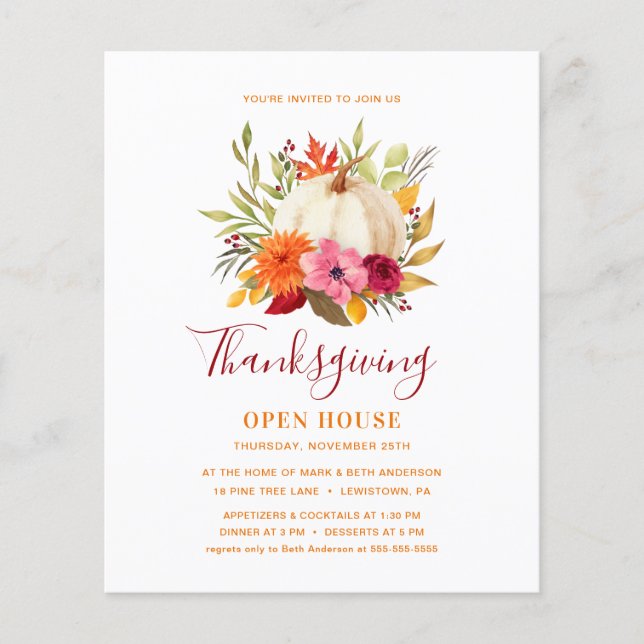 THANKSGIVING OPEN HUIS FLORALE PUMPKIN INVITATIE (Voorkant)