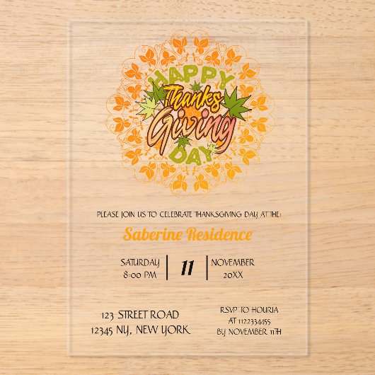 Thanksgiving Orange Bohemian Mandala Autumn Leaves Acryl Uitnodigingen (Voorkant)
