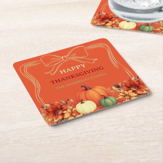 Thanksgiving oranje pompoenboog handgetekend kartonnen onderzetters (Schuin)