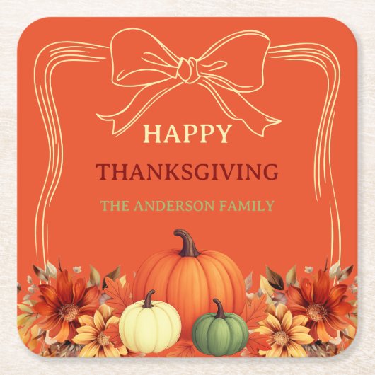 Thanksgiving oranje pompoenboog handgetekend kartonnen onderzetters (Voorkant)