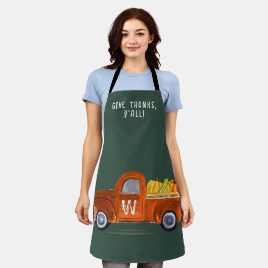 Thanksgiving Oranje Pompoenen Truck Fun Monogram Schort (Gedragen)