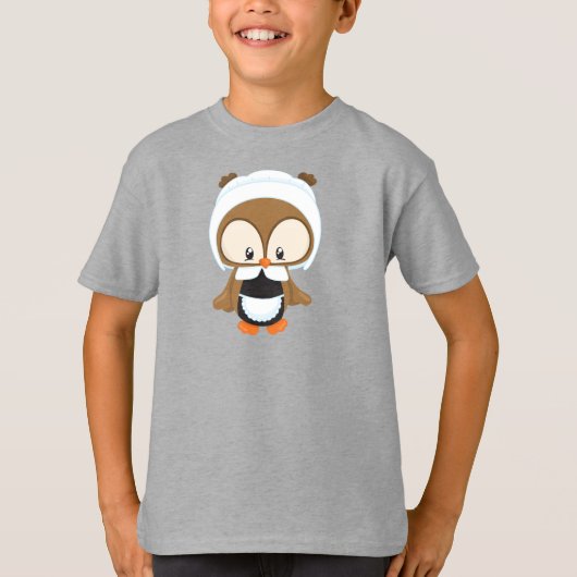 Thanksgiving Owl, bruine boomgaard, pelgrim Bonnet T-shirt (Voorkant)