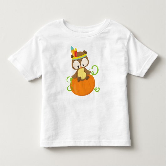 Thanksgiving Owl, bruine boomgaard, veren, pompoen Kinder Shirts (Voorkant)
