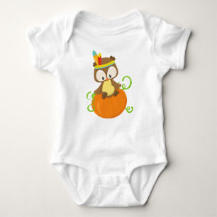 Thanksgiving Owl, bruine boomgaard, veren, pompoen Romper