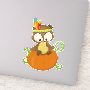 Thanksgiving Owl, bruine boomgaard, veren, pompoen Sticker