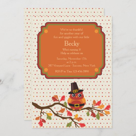 Thanksgiving Owl Uitnodiging (Voorkant / Achterkant)
