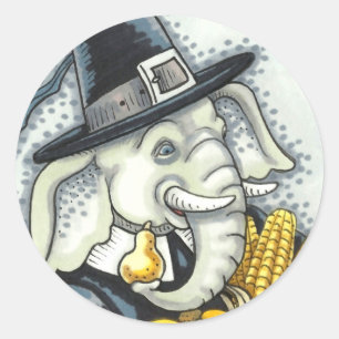 THANKSGIVING PACHYDERM, THANKFUL PILGRIM ELEPHANT RONDE STICKER