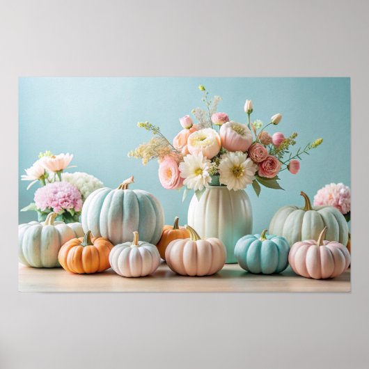 Thanksgiving Pastel Pompoenen en Bloemen Arrangeme Poster (Voorkant)