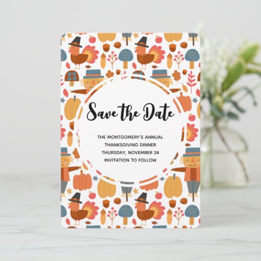 Thanksgiving Patroon met kalkoenen en pijlen Save The Date (Staand voorkant)