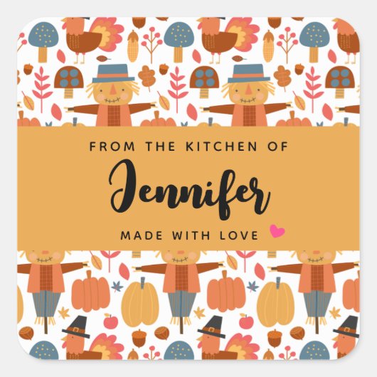 Thanksgiving Pattern Kitchen & Scarecrow Vierkante Sticker (Voorkant)
