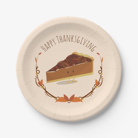 Thanksgiving Pecan Pie Slice Tan Brown glimlachen Papieren Bordje (Voorkant)