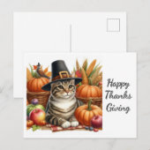 Thanksgiving pelgrim kat en pompoenen briefkaart (Voorkant / Achterkant)