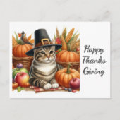 Thanksgiving pelgrim kat en pompoenen briefkaart (Voorkant)