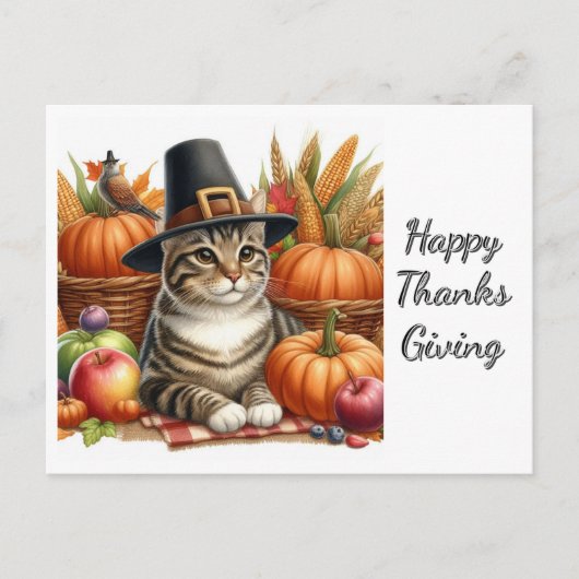 Thanksgiving pelgrim kat en pompoenen briefkaart (Voorkant)