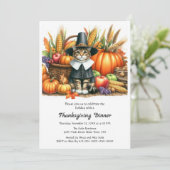 Thanksgiving pelgrim kat en pompoenen kaart (Staand voorkant)