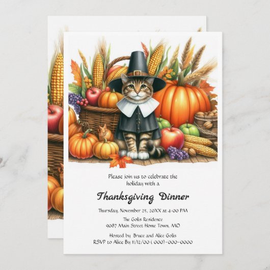 Thanksgiving pelgrim kat en pompoenen kaart (Voorkant / Achterkant)