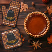 Thanksgiving Pelgrim Pet op Tan en Brown Plaid Ovenwant & Pannenlap Set