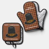Thanksgiving Pelgrim Pet op Tan en Brown Plaid Ovenwant & Pannenlap Set (Voorkant / Achterkant)