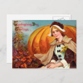 Thanksgiving pelgrimmeisje met pompoen feestdagenkaart (Voorkant / Achterkant)