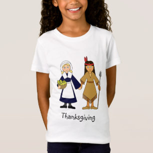Thanksgiving pelgrims en indiaanse meisjes t-shirt