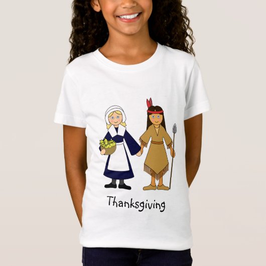 Thanksgiving pelgrims en indiaanse meisjes t-shirt (Voorkant)